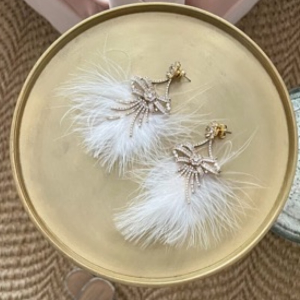 Antonio Melani Gold & White Feather Crystal Bow Statement Earrings
